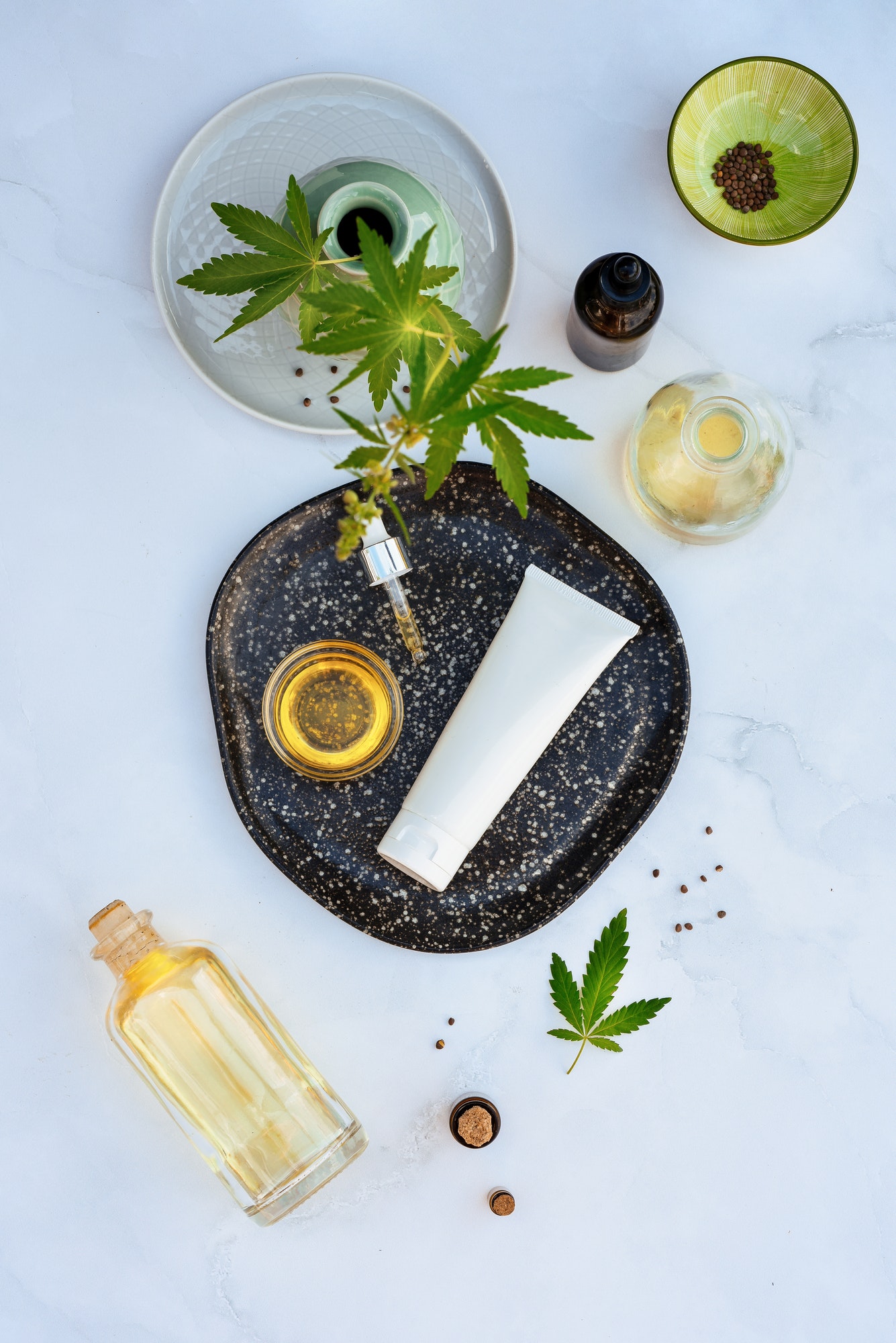 Cosmetics CBD oil. Cosmetic Products with cannabis Oil, tincture Flat lay